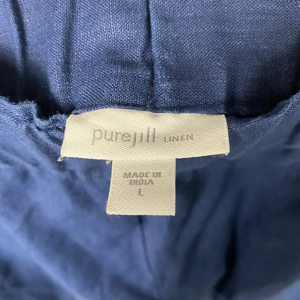 J JILL Pure 100% Linen Pull On Pants Cropped Blue Ankle Toggle Large Coastal